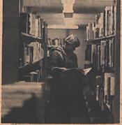Old photo of student in the stacks graphic.